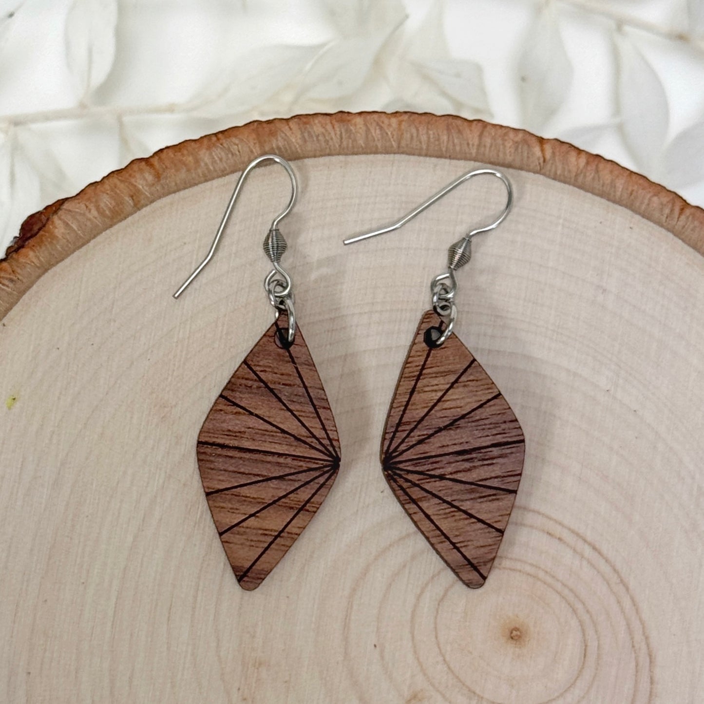 Break On Through | wood diamond sunburst etched earrings