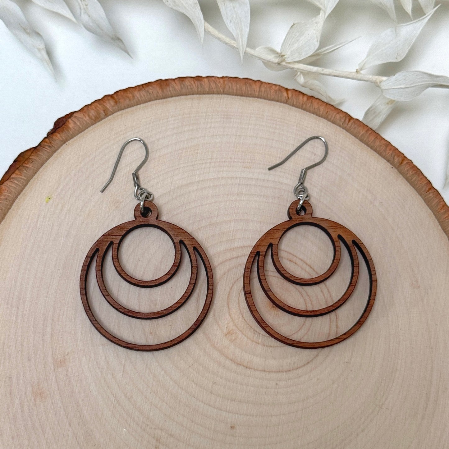 Three Moons | round wood earrings
