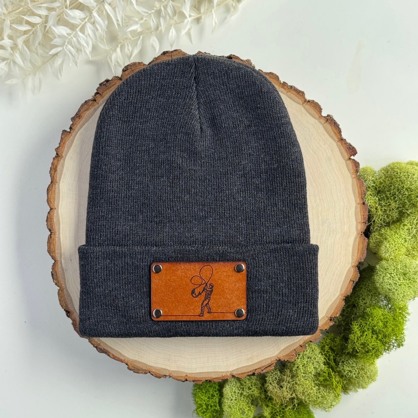 Fly Fishing beanie with snap on/off leather patch
