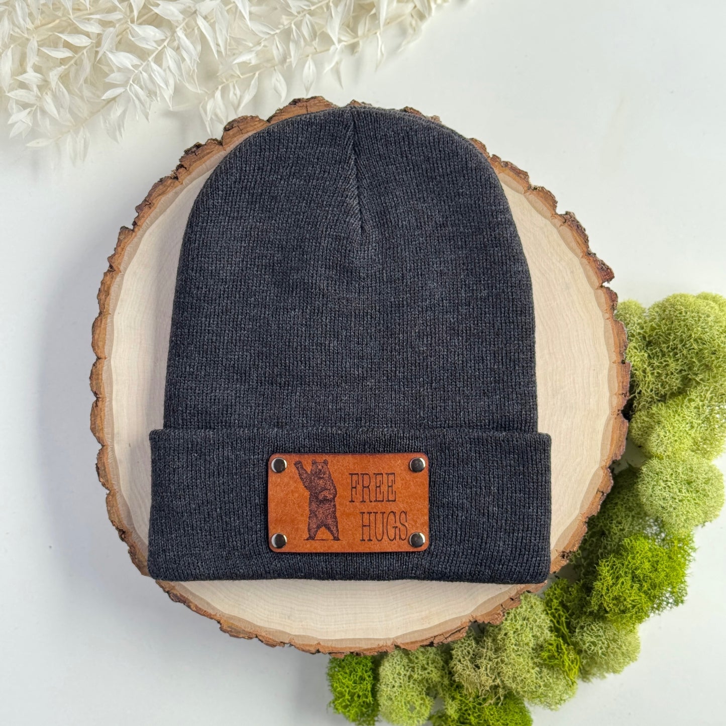 Free Hugs Bear beanie with snap on/off leather patch