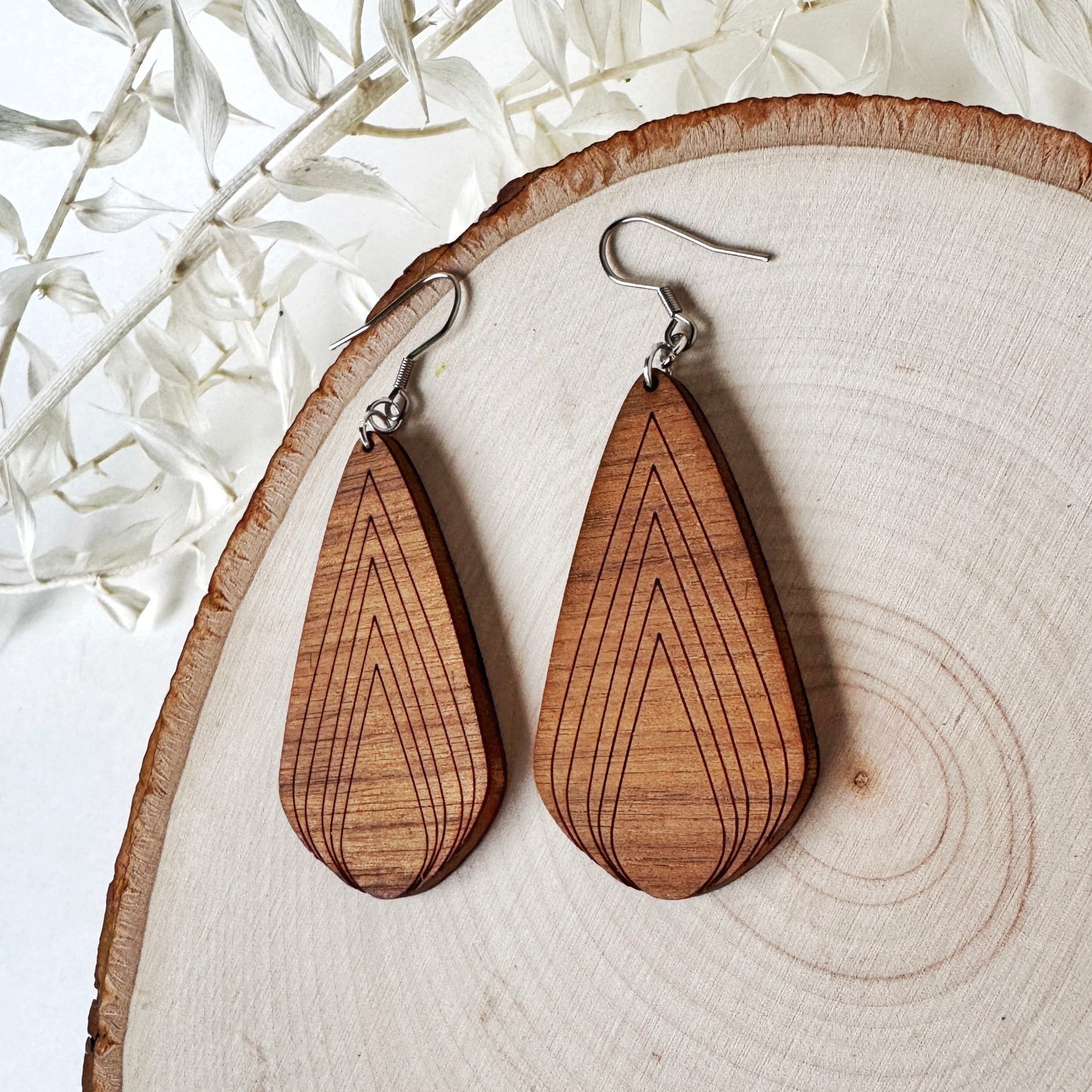 Raindrops Keep Falling | wood geometric etched earrings