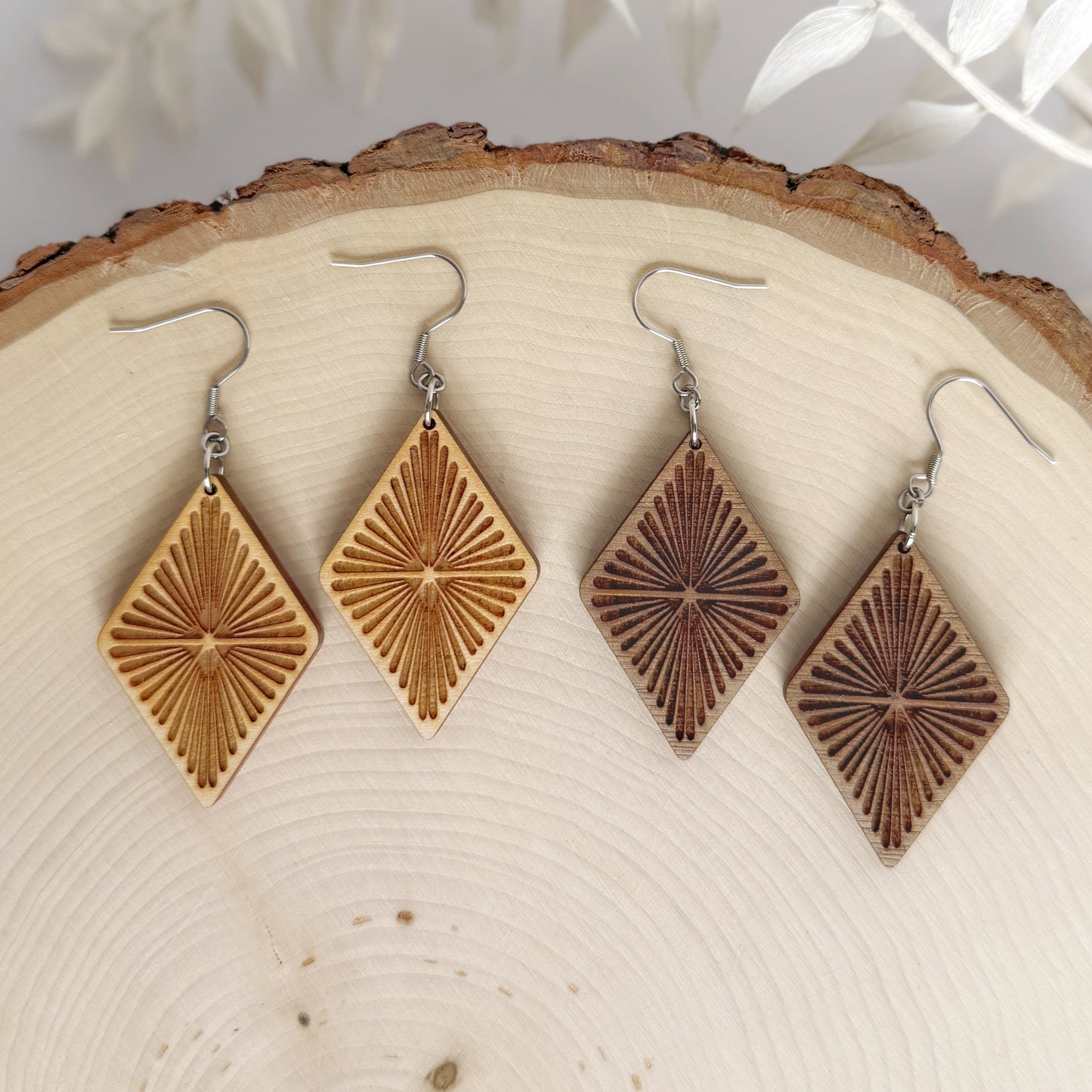 Daybreak Diamonds | lightweight sunburst diamond wood earring