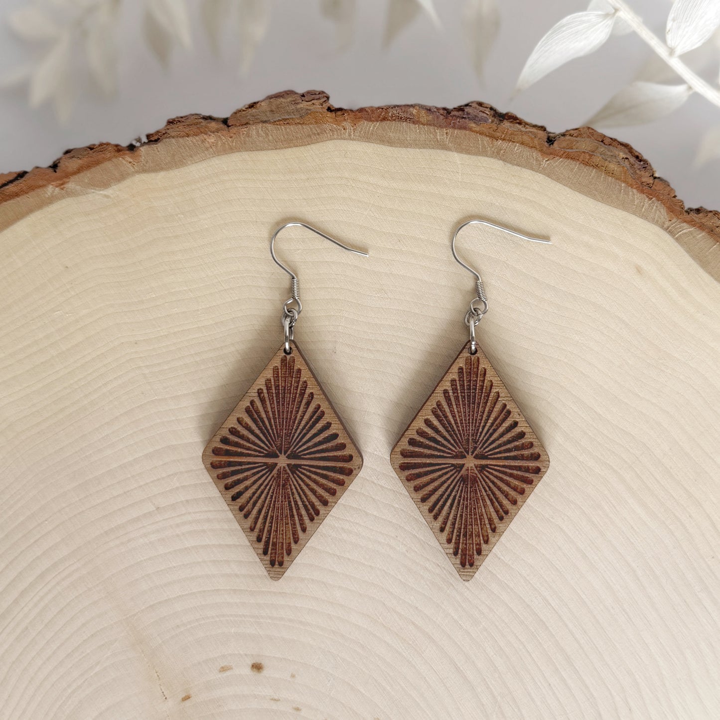 Daybreak Diamonds | lightweight sunburst diamond wood earring