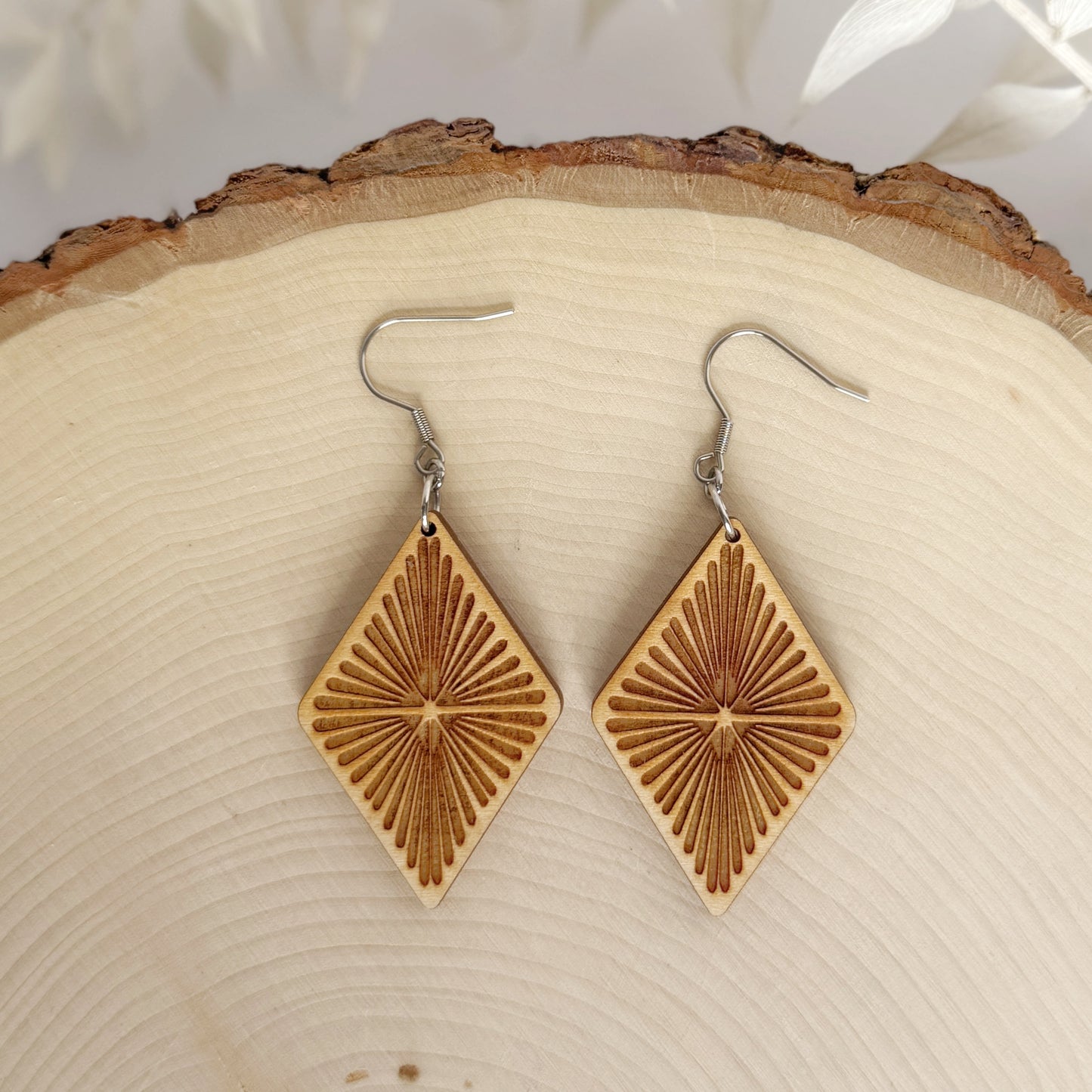 Daybreak Diamonds | lightweight sunburst diamond wood earring
