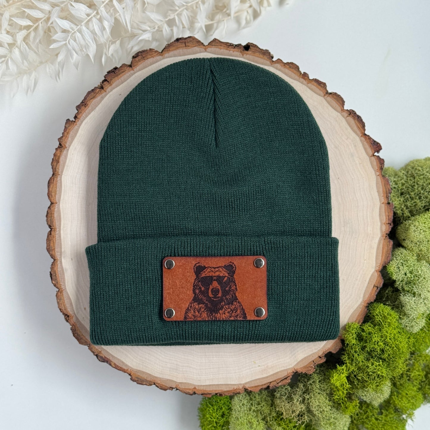 Bear in Sunglasses beanie with snap on/off leather patch