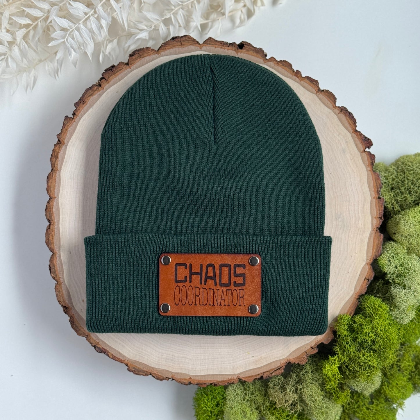 Chaos Coordinator beanie with snap on/off leather patch