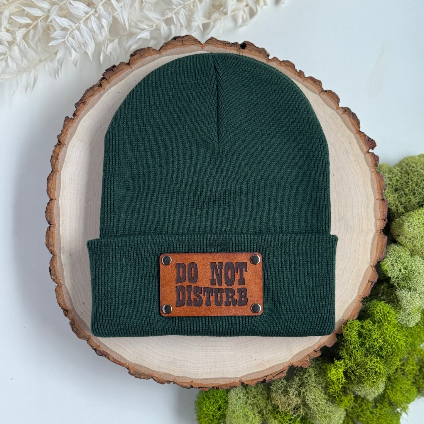 Do Not Disturb beanie with snap on/off leather patch