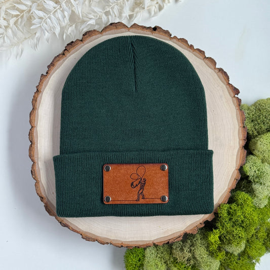 Fly Fishing beanie with snap on/off leather patch