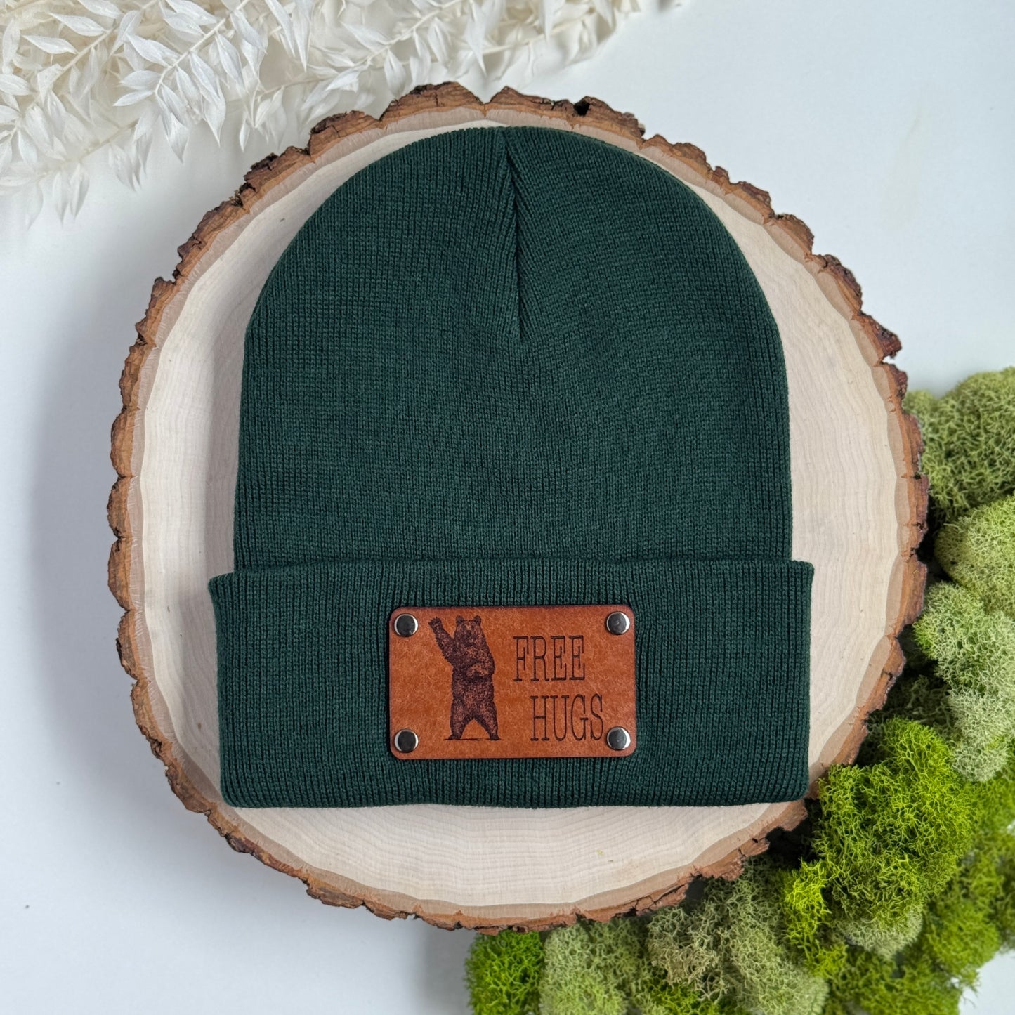 Free Hugs Bear beanie with snap on/off leather patch