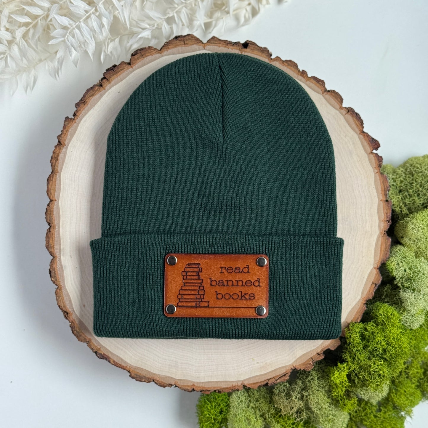 Read Banned Books beanie with snap on/off leather patch