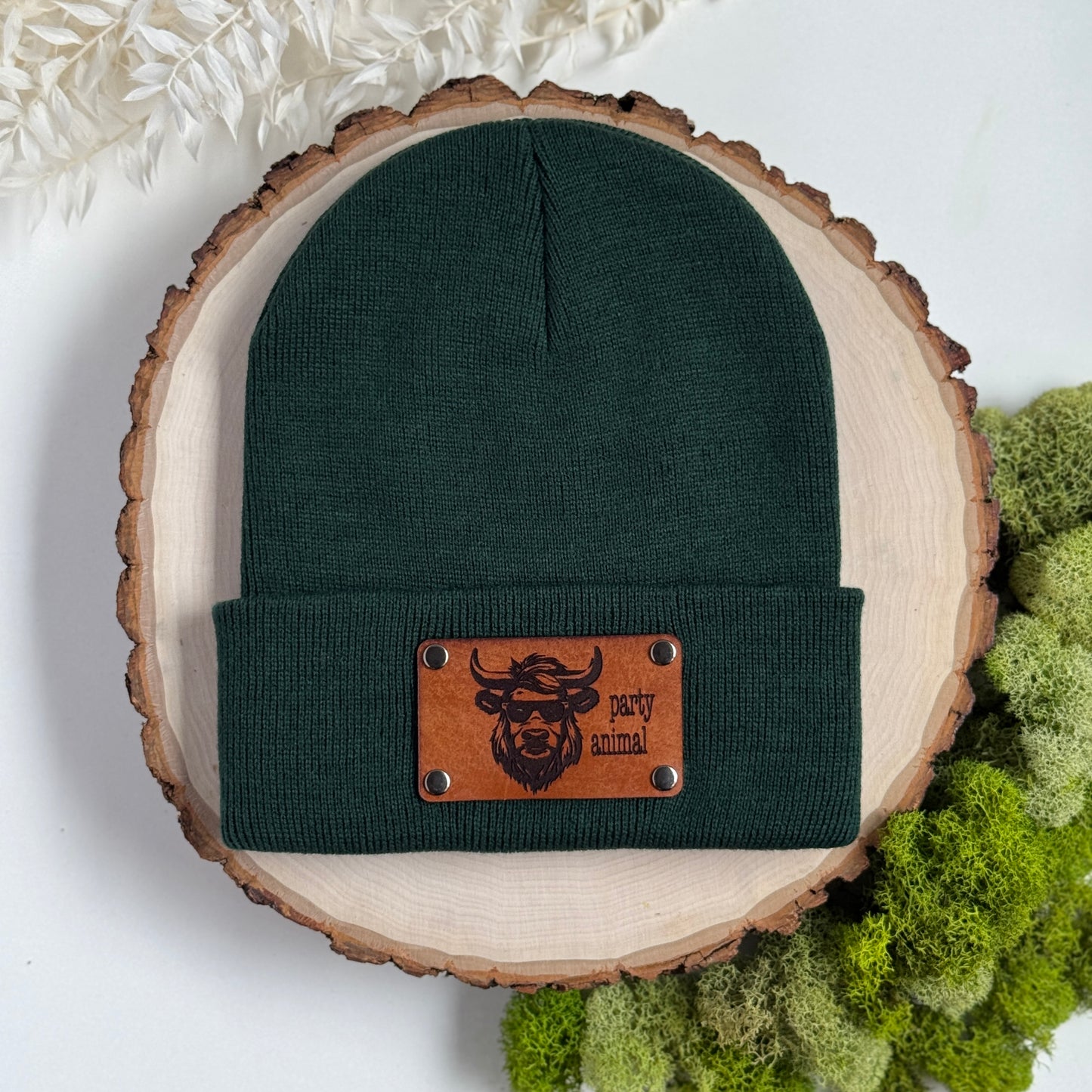 Party Animal beanie with snap on/off leather patch