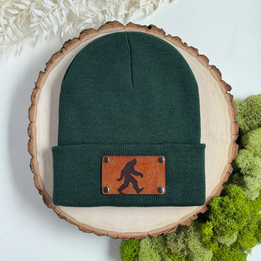 Sasquatch beanie with snap on/off leather patch