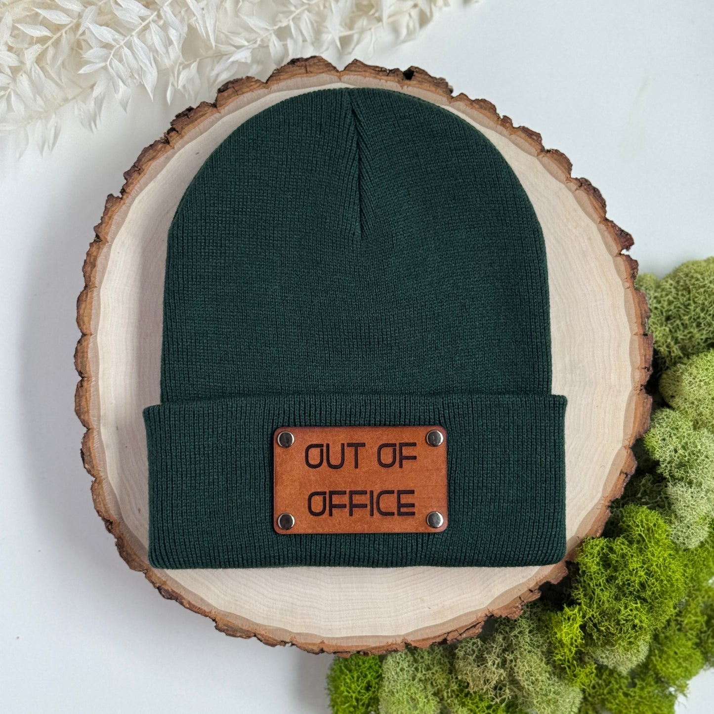 Out of Office beanie with snap on/off leather patch