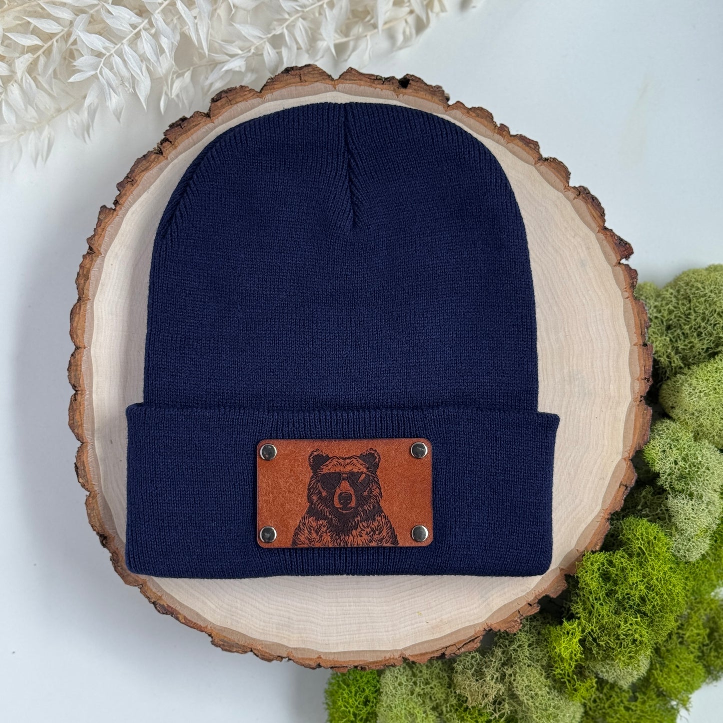 Bear in Sunglasses beanie with snap on/off leather patch