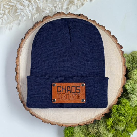 Chaos Coordinator beanie with snap on/off leather patch