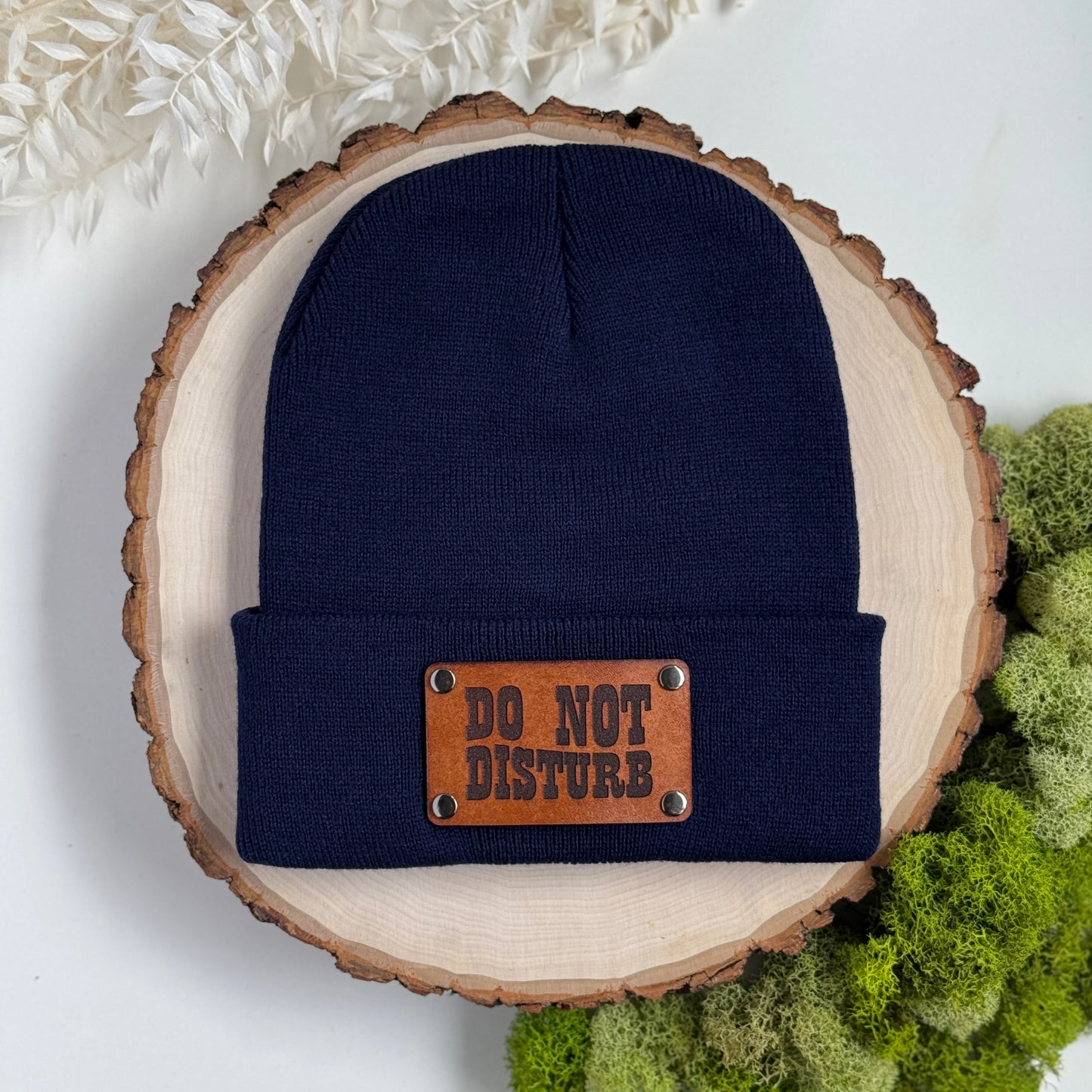 Do Not Disturb beanie with snap on/off leather patch