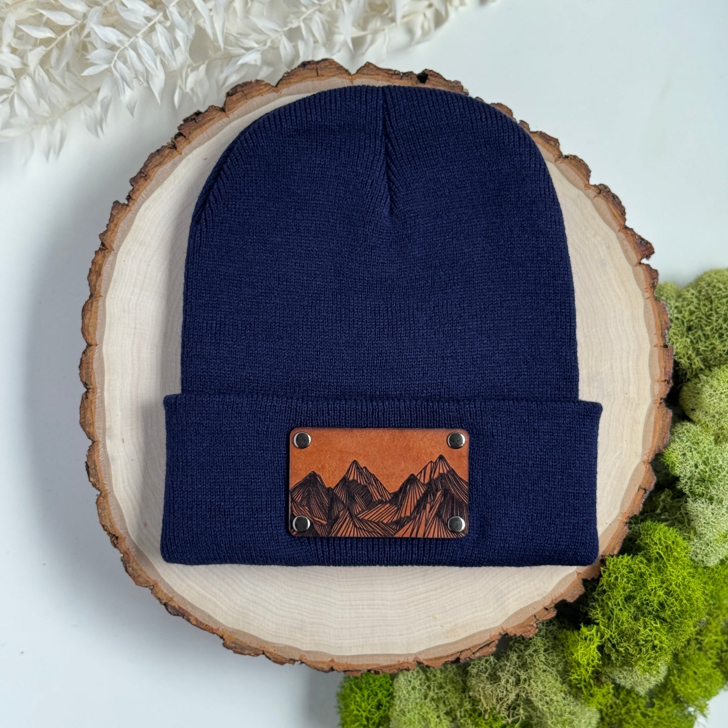 Mountain Peaks beanie with snap on/off leather patch