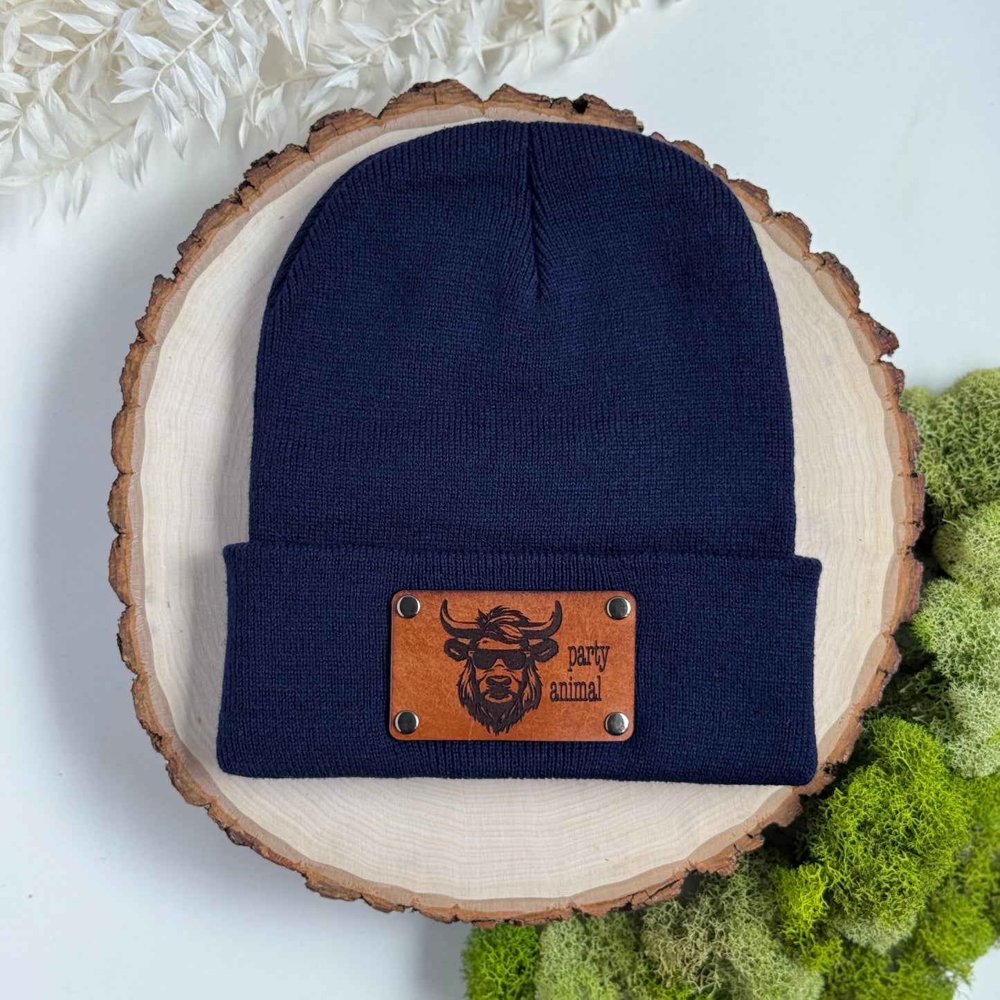 Party Animal beanie with snap on/off leather patch