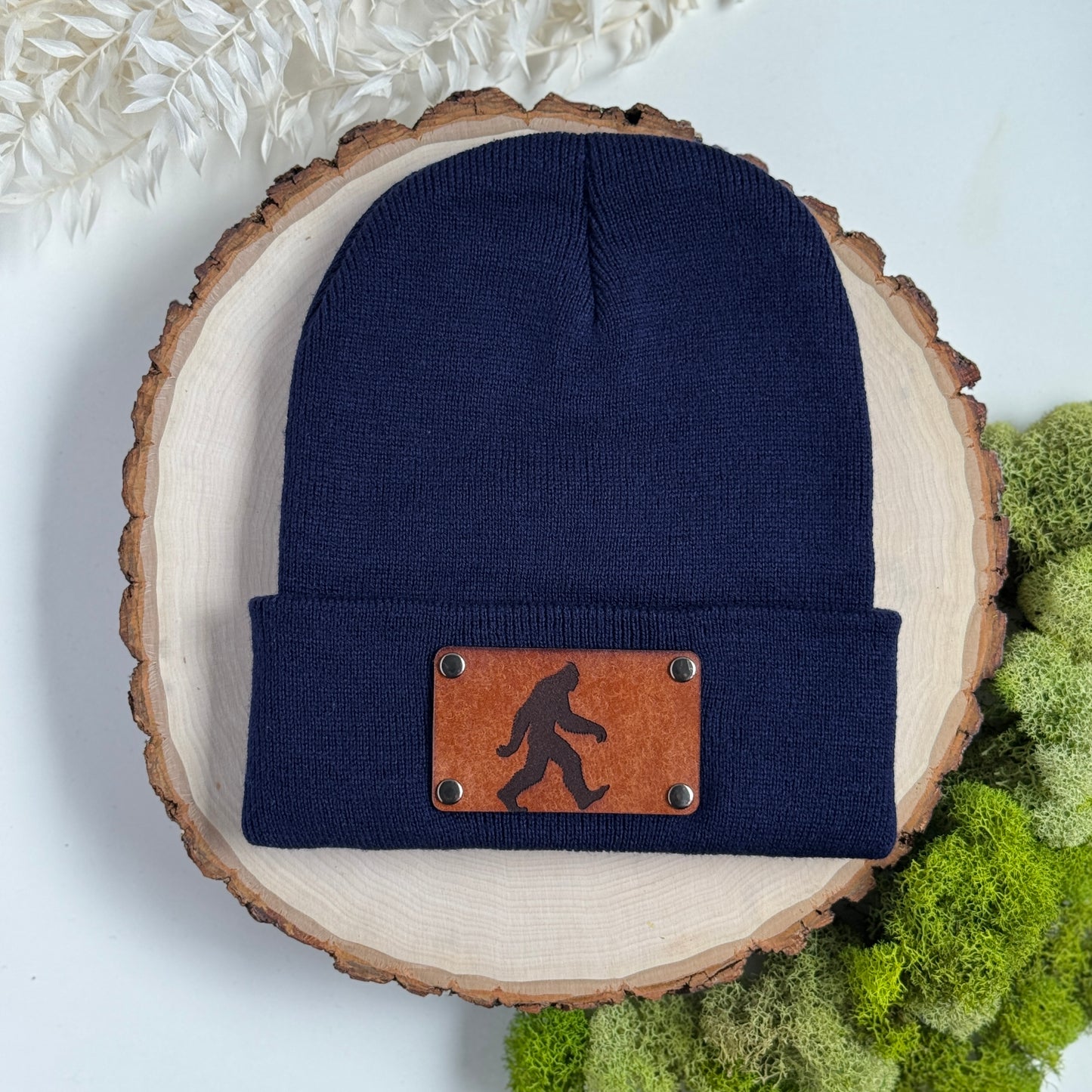 Sasquatch beanie with snap on/off leather patch