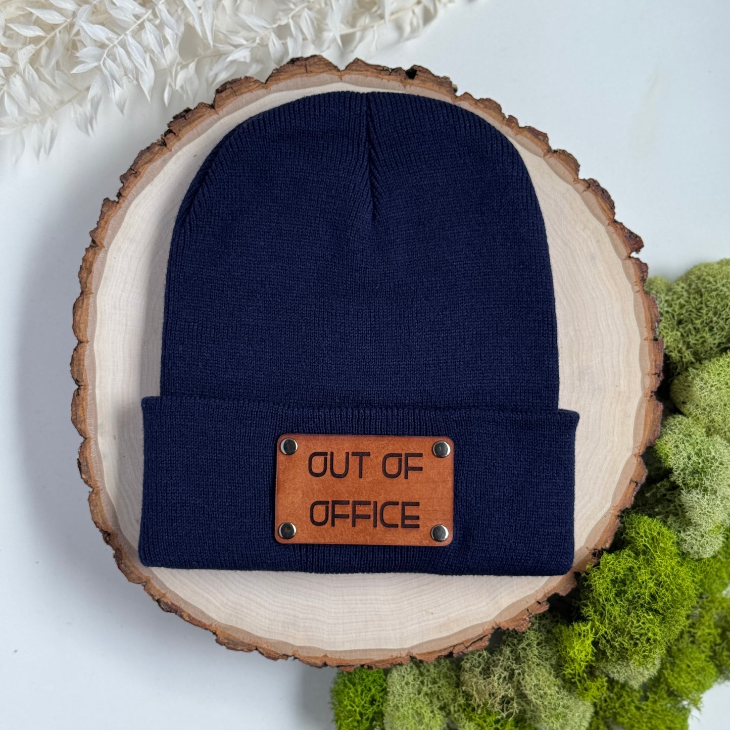 Out of Office beanie with snap on/off leather patch