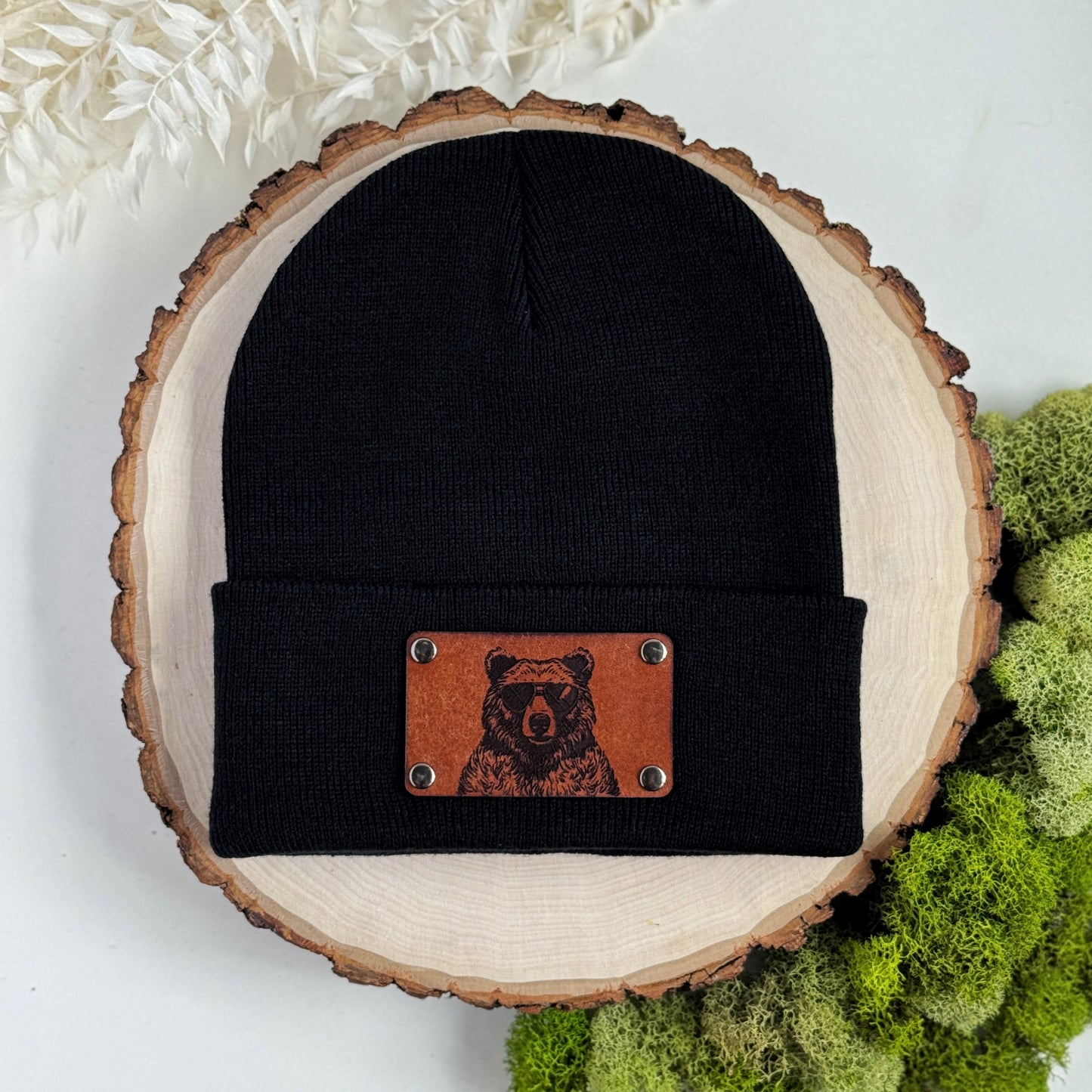 Bear in Sunglasses beanie with snap on/off leather patch