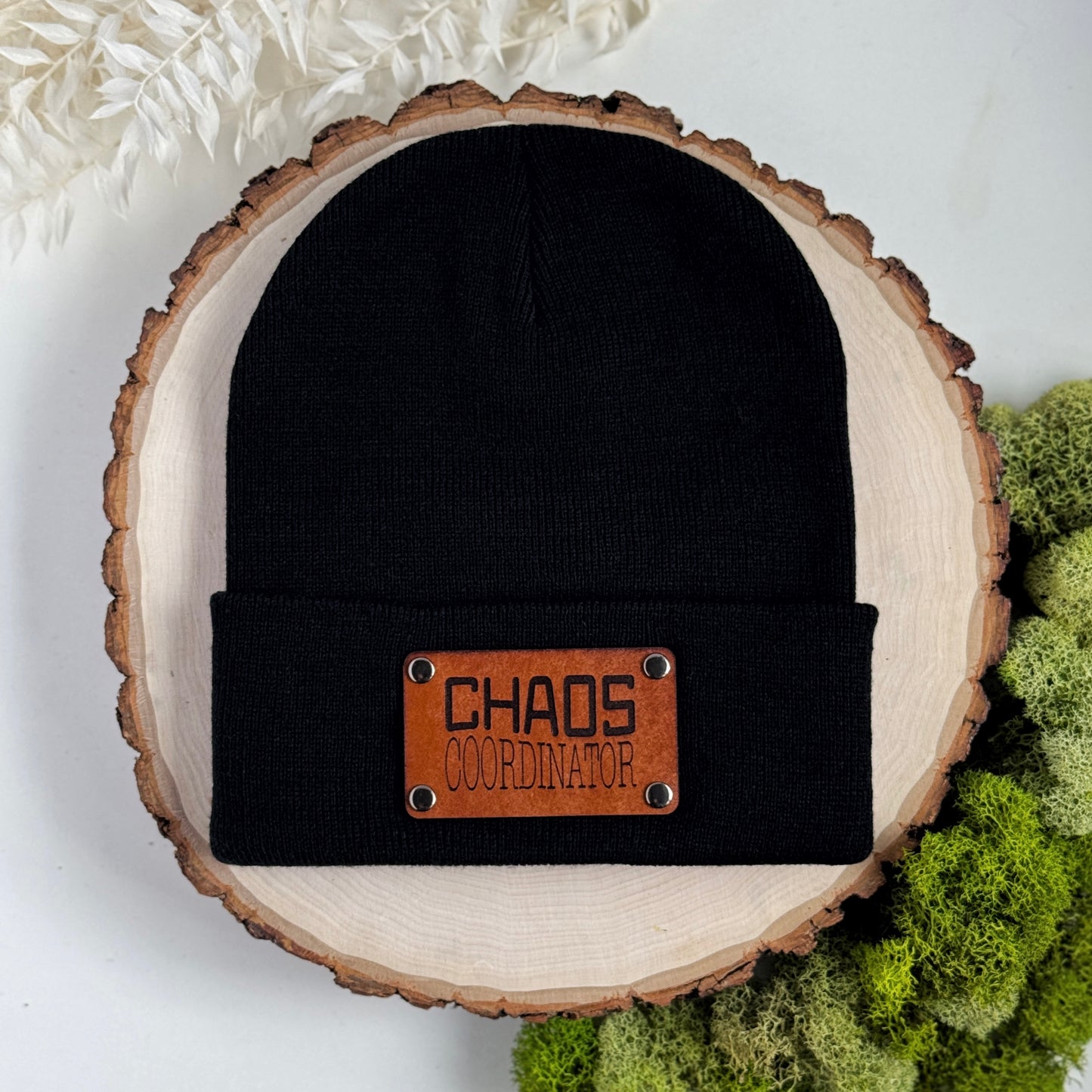 Chaos Coordinator beanie with snap on/off leather patch