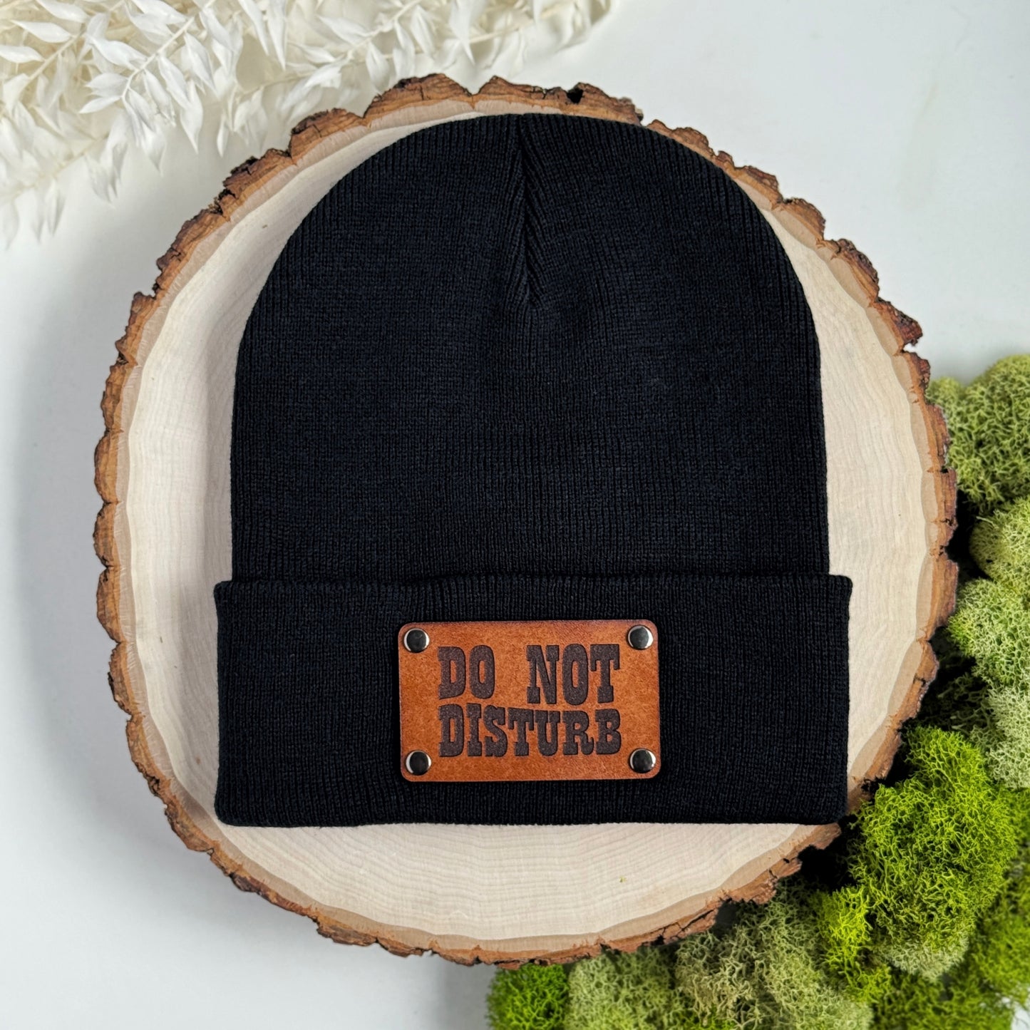 Do Not Disturb beanie with snap on/off leather patch