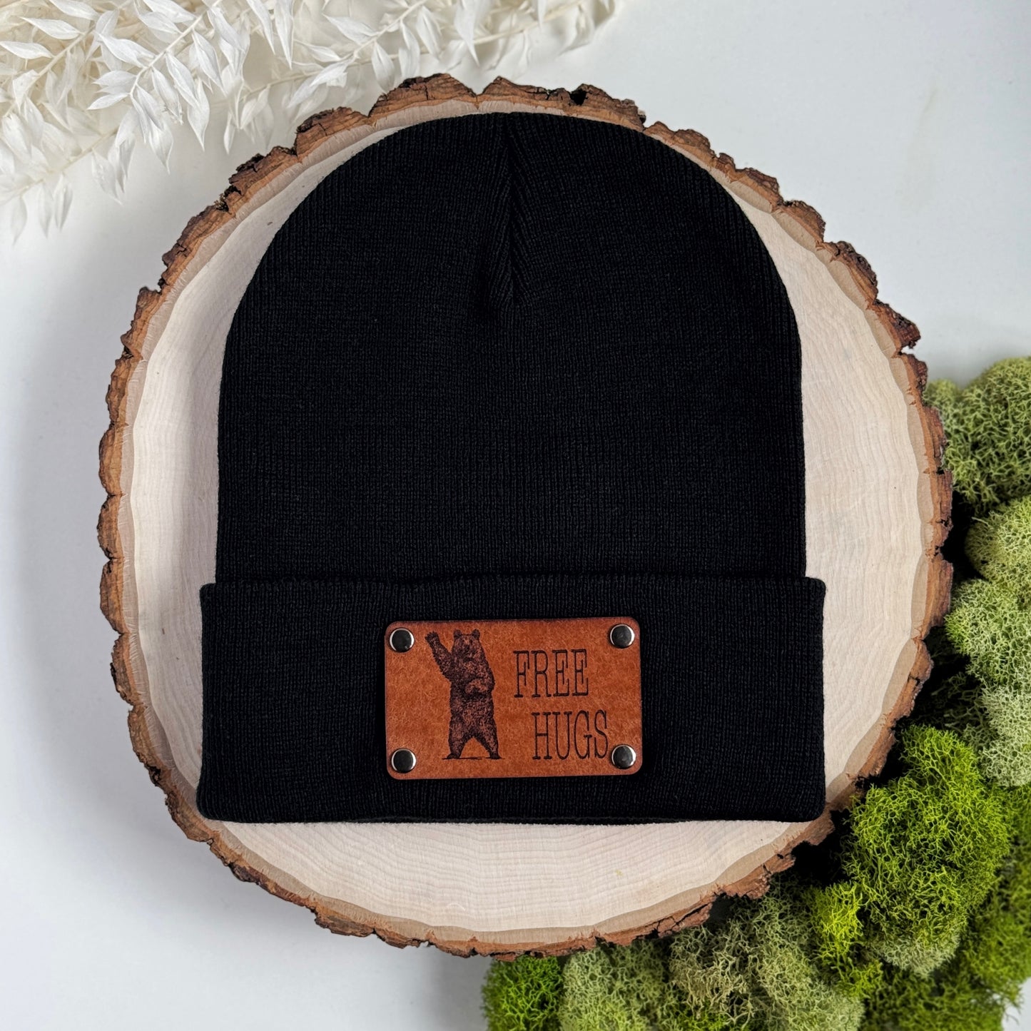 Free Hugs Bear beanie with snap on/off leather patch