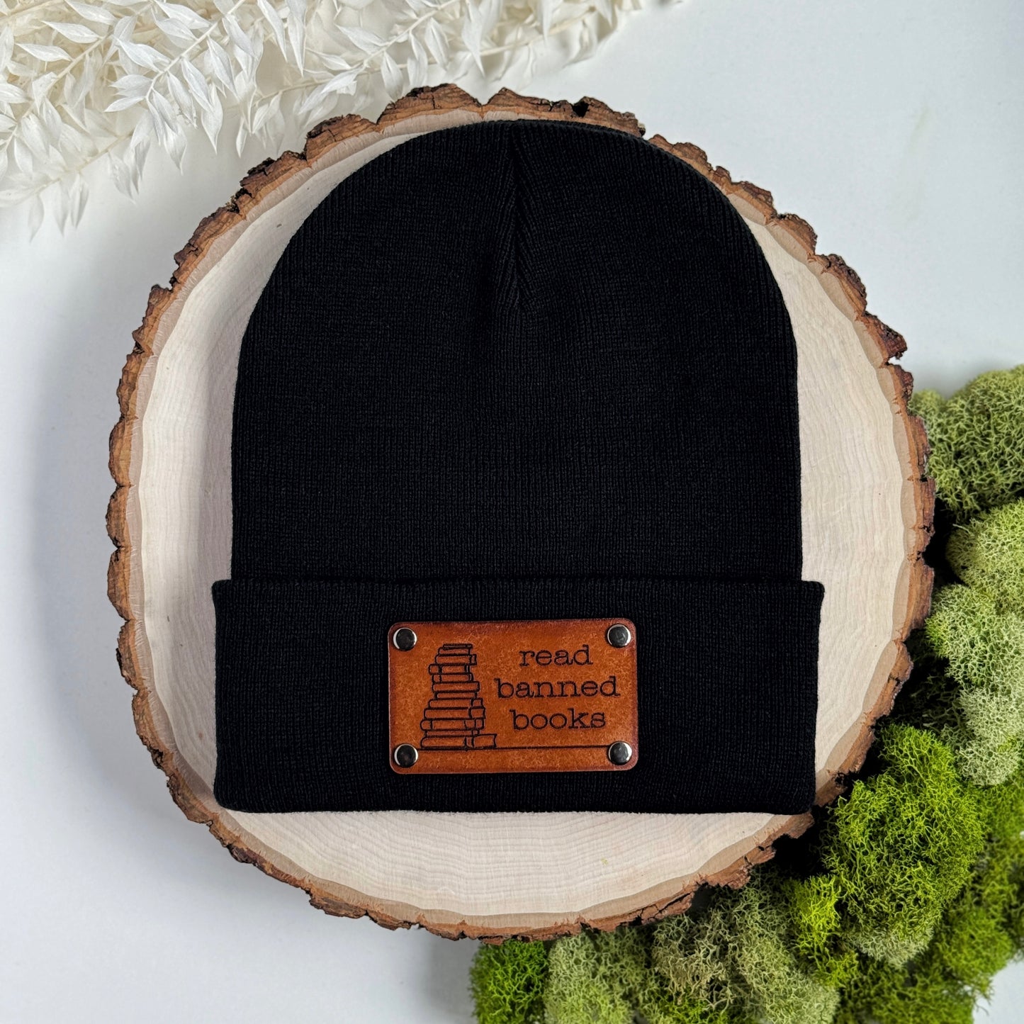 Read Banned Books beanie with snap on/off leather patch