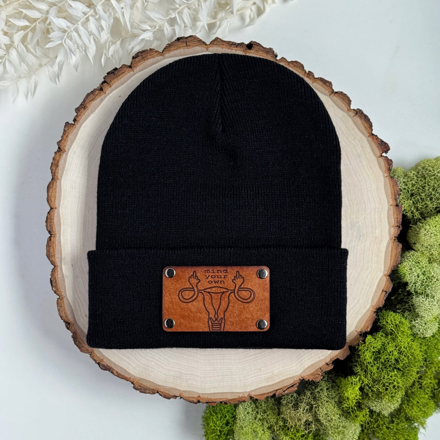 Mind Your Own Uterus beanie with snap on/off leather patch