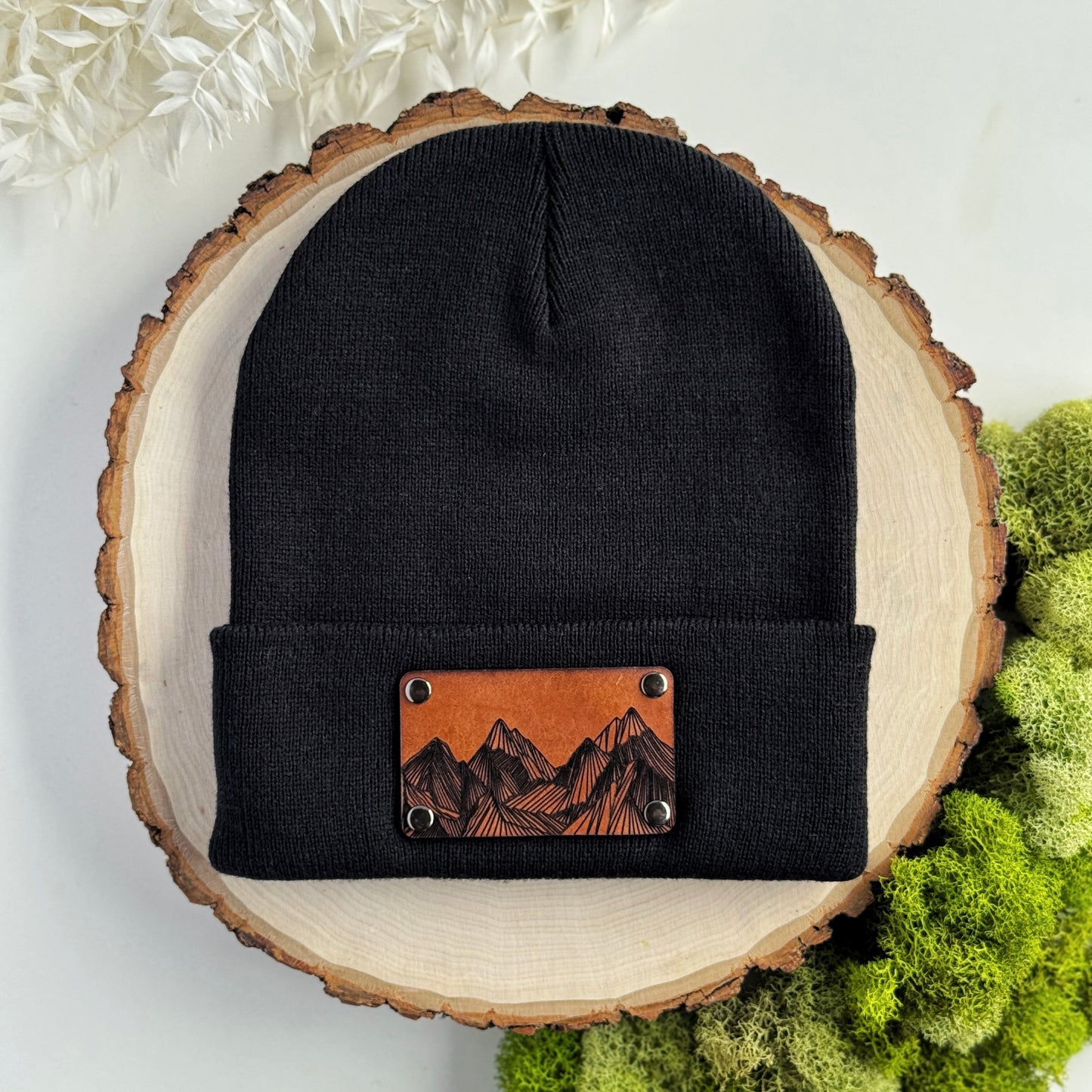 Mountain Peaks beanie with snap on/off leather patch