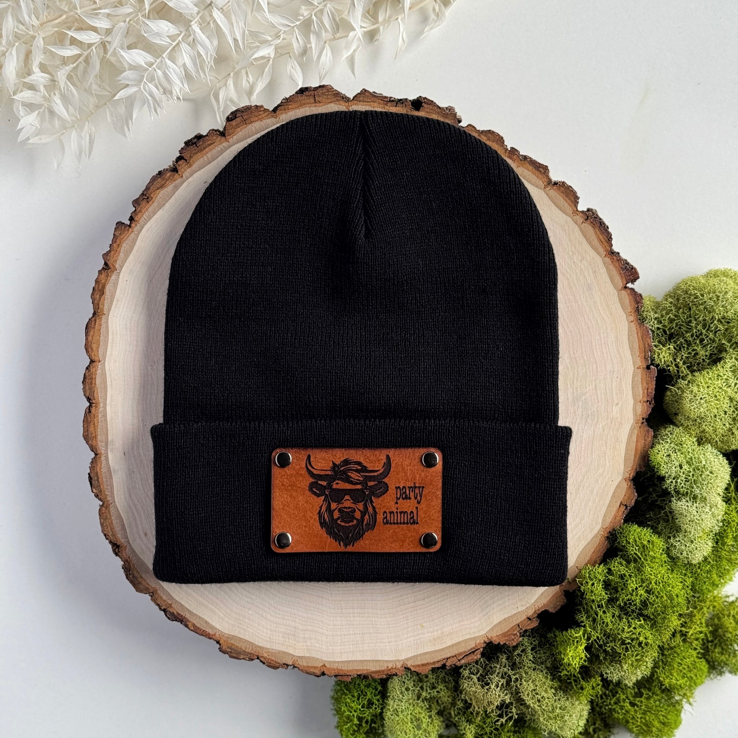 Party Animal beanie with snap on/off leather patch