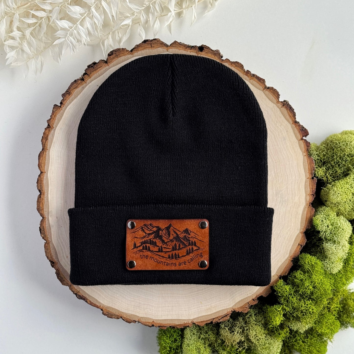 The Mountains Are Calling beanie with snap on/off leather patch