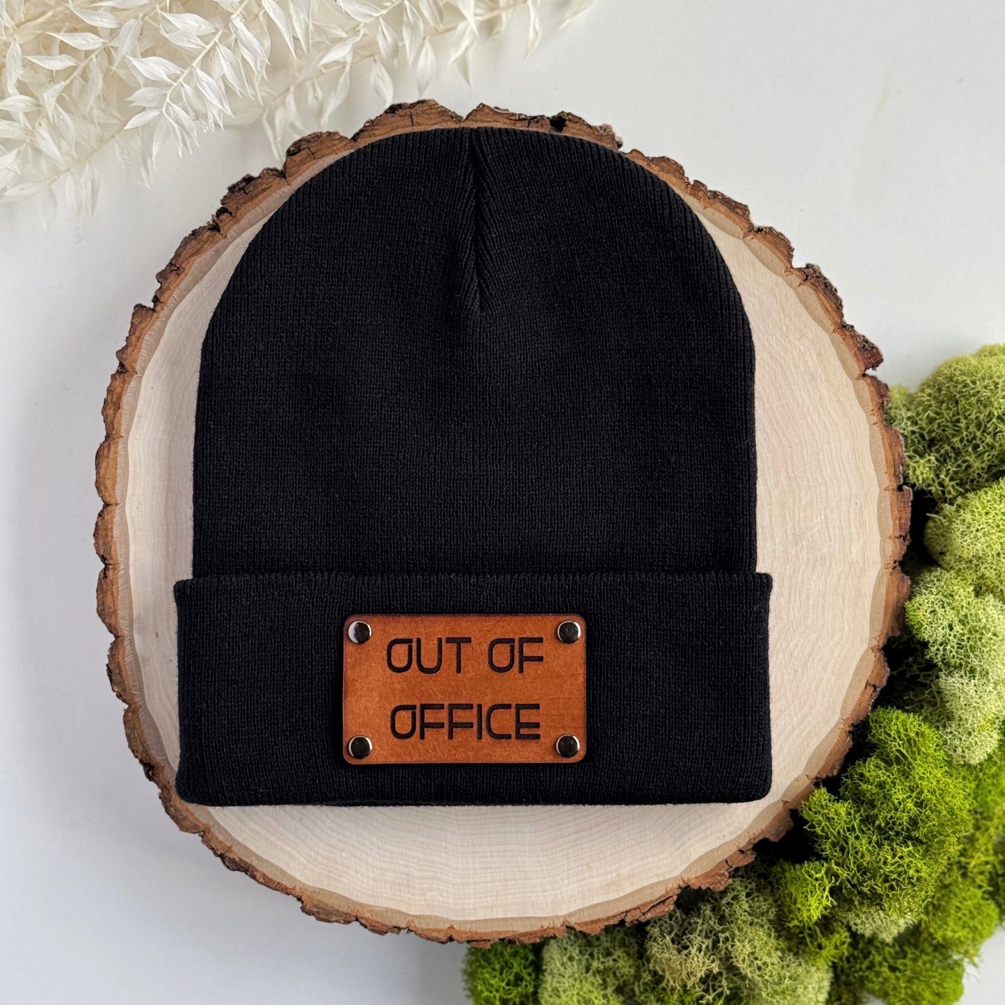 Out of Office beanie with snap on/off leather patch