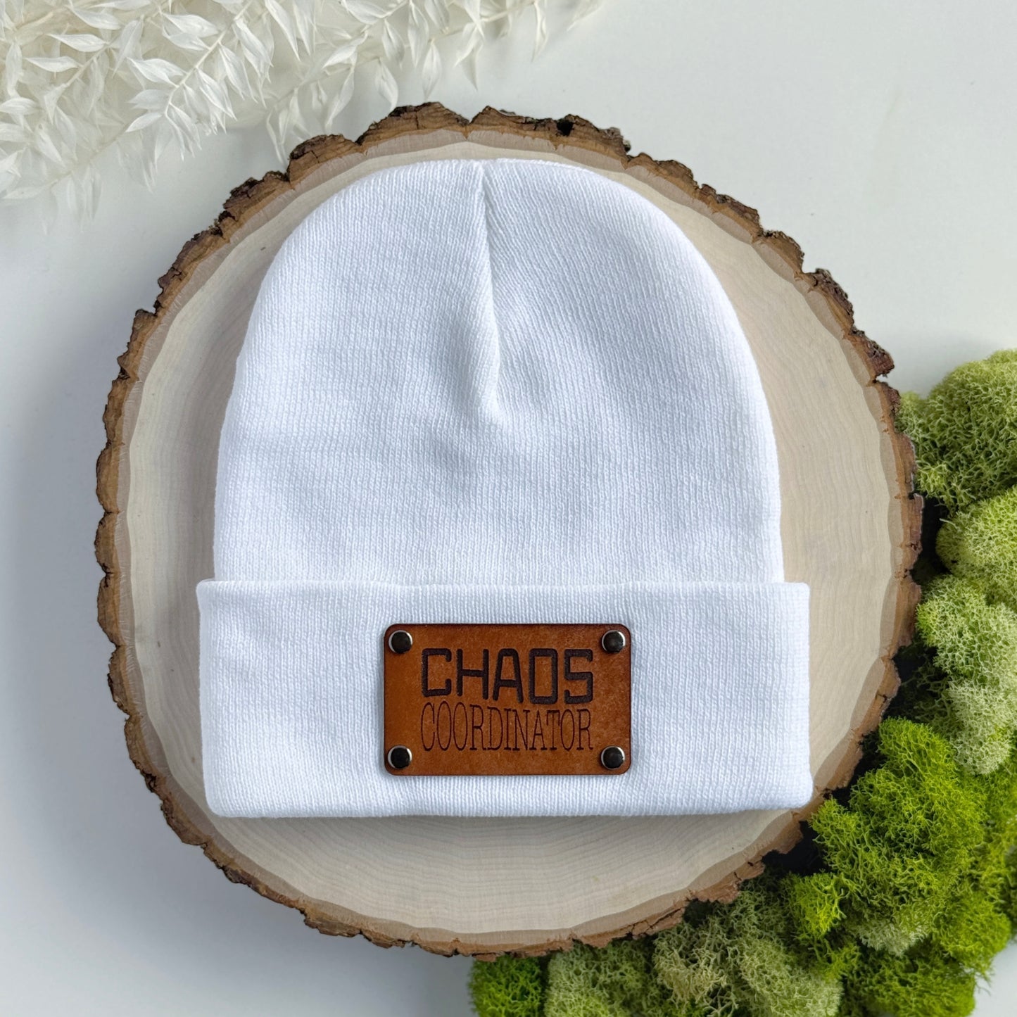 Chaos Coordinator beanie with snap on/off leather patch