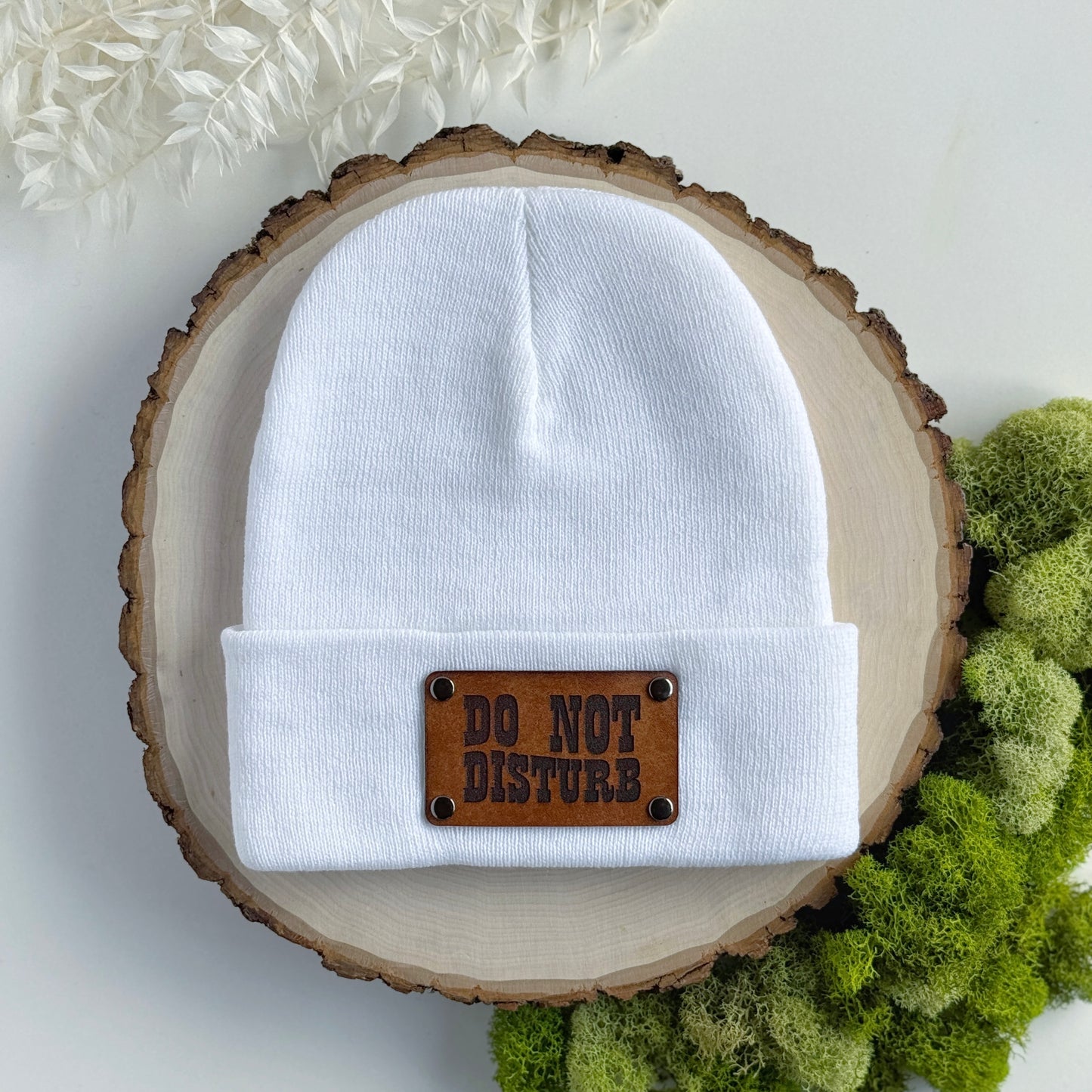 Do Not Disturb beanie with snap on/off leather patch