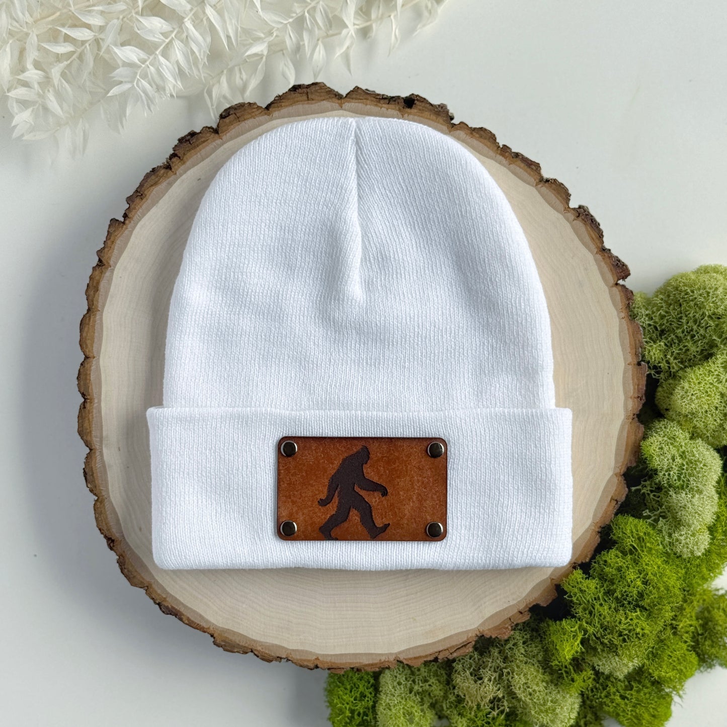 Sasquatch beanie with snap on/off leather patch