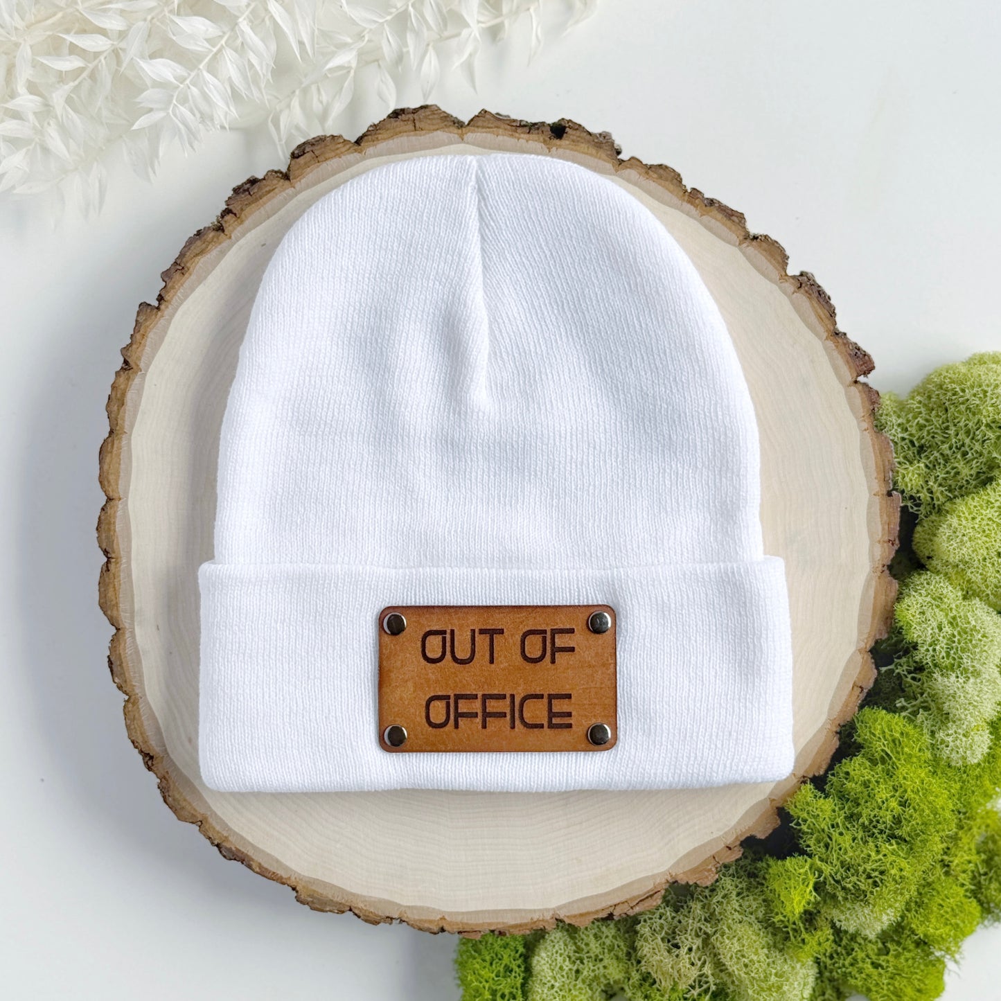 Out of Office beanie with snap on/off leather patch