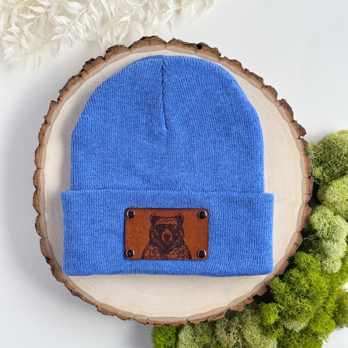 Bear in Sunglasses beanie with snap on/off leather patch