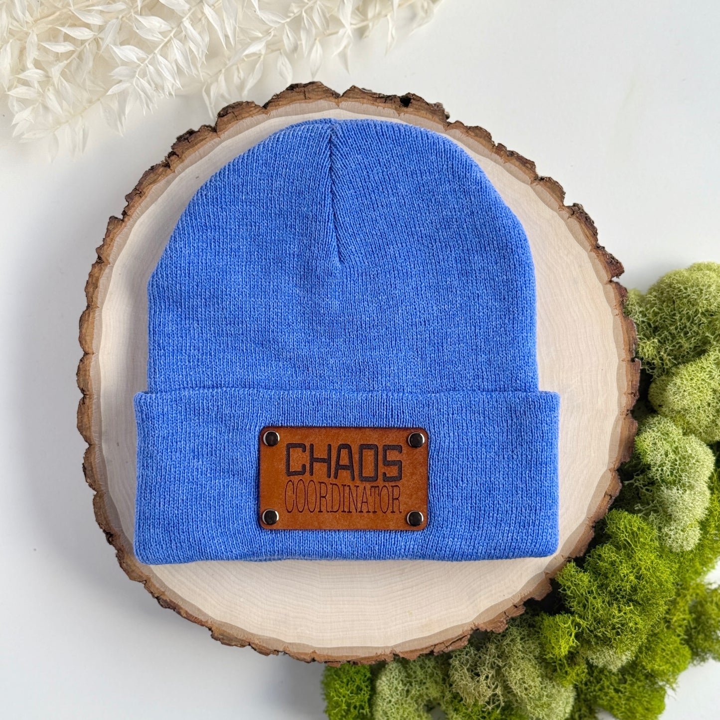 Chaos Coordinator beanie with snap on/off leather patch