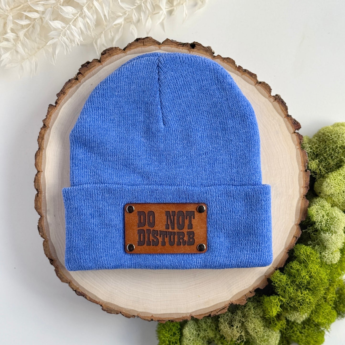 Do Not Disturb beanie with snap on/off leather patch