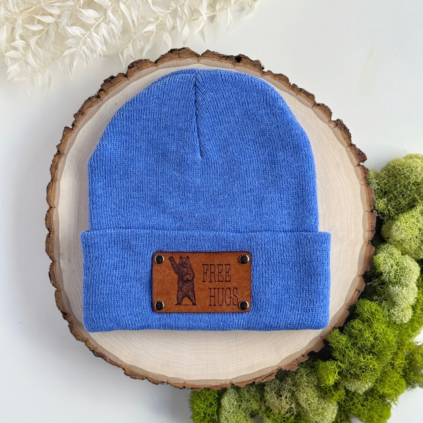 Free Hugs Bear beanie with snap on/off leather patch