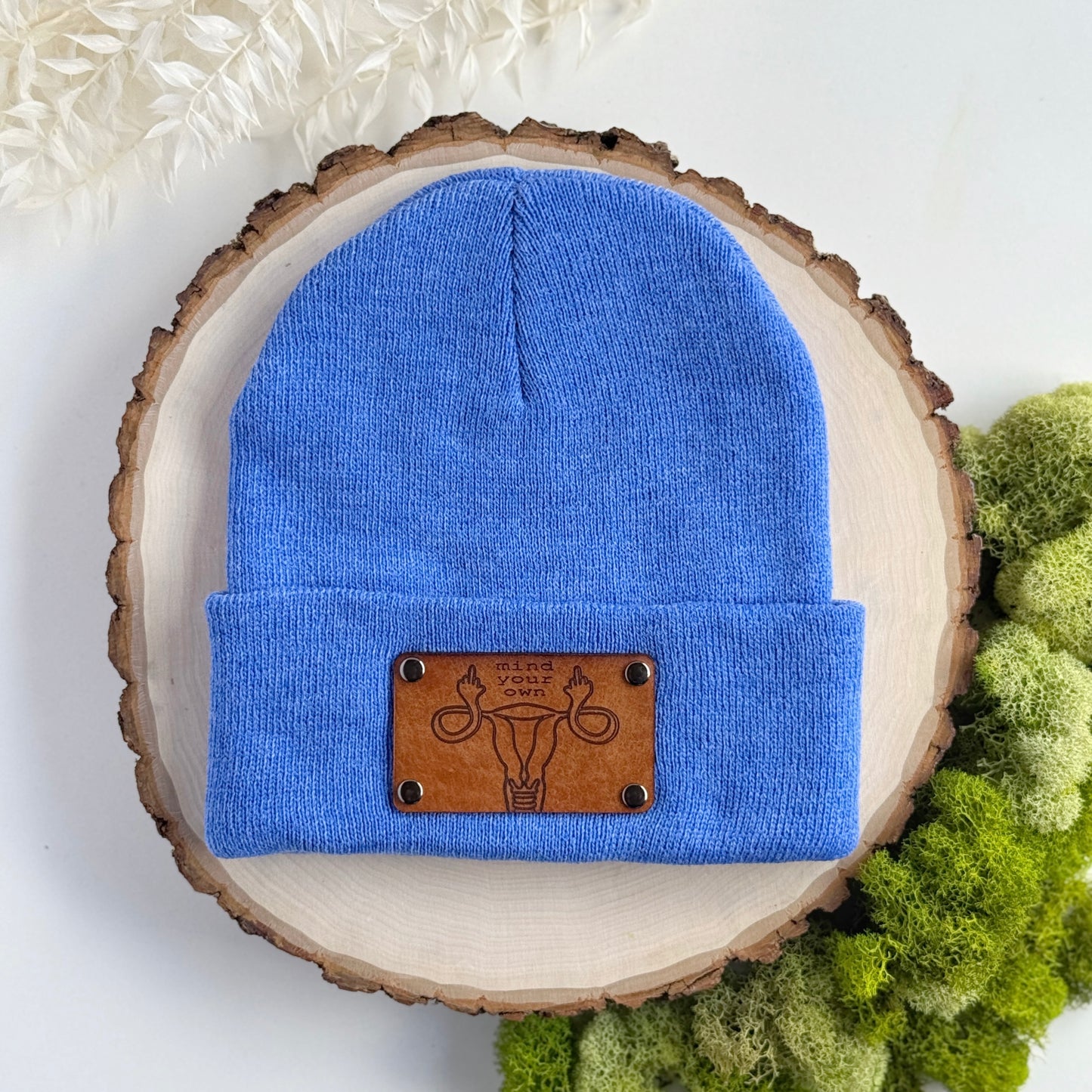 Mind Your Own Uterus beanie with snap on/off leather patch