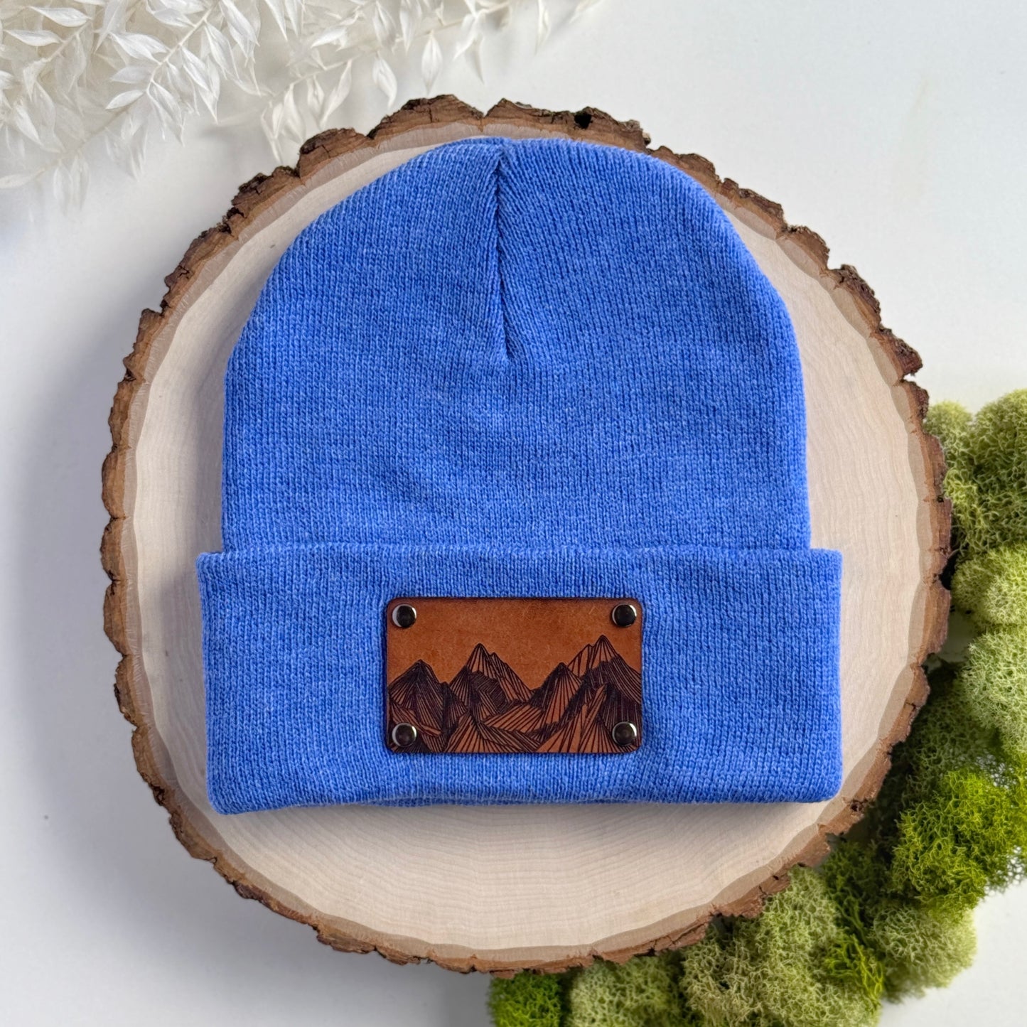 Mountain Peaks beanie with snap on/off leather patch