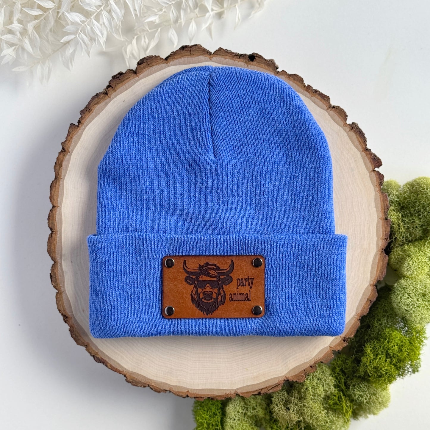 Party Animal beanie with snap on/off leather patch