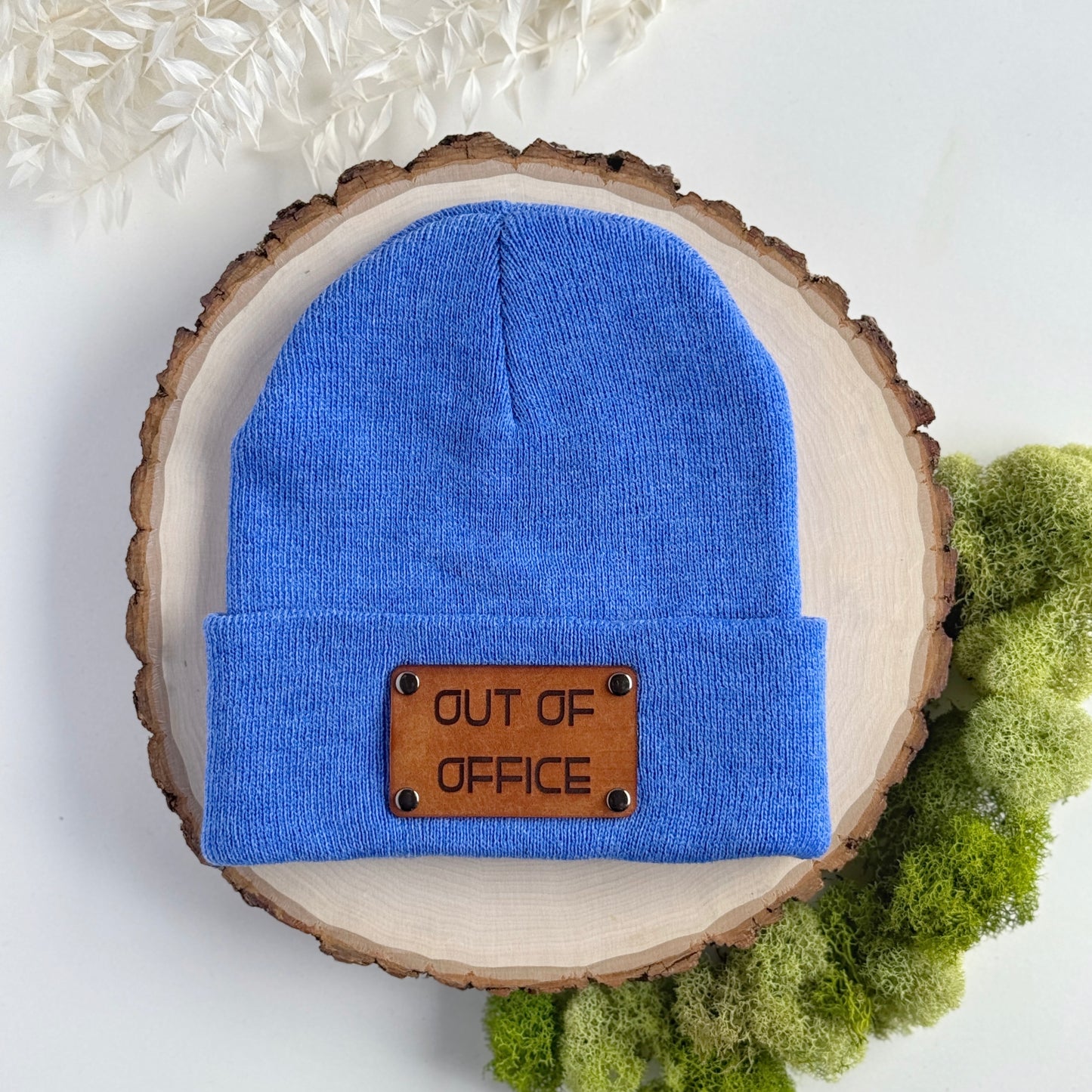 Out of Office beanie with snap on/off leather patch