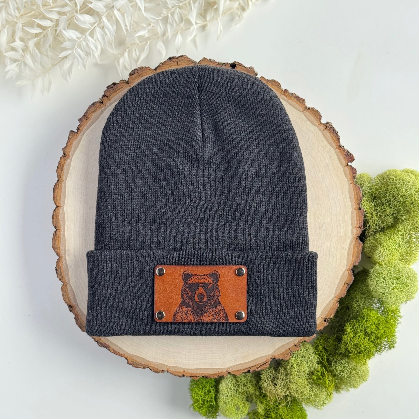 Bear in Sunglasses beanie with snap on/off leather patch