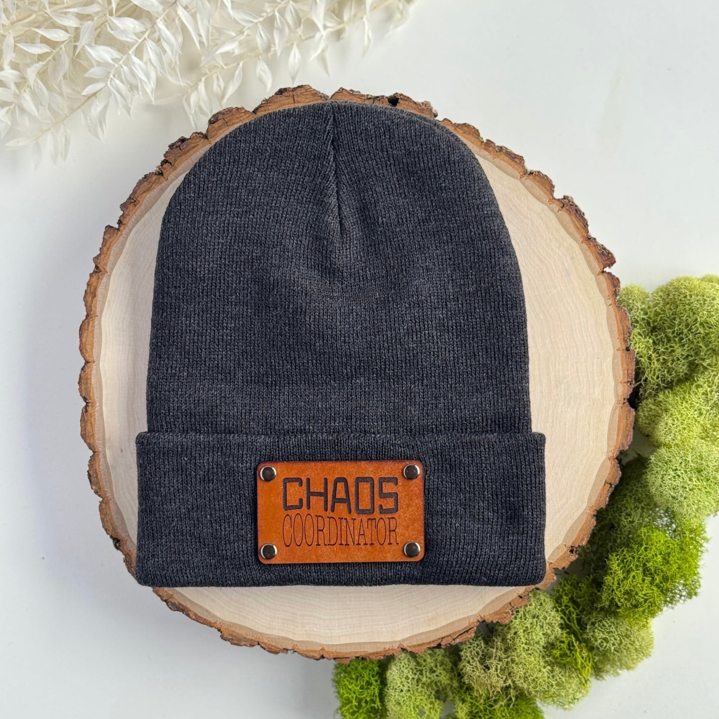 Chaos Coordinator beanie with snap on/off leather patch