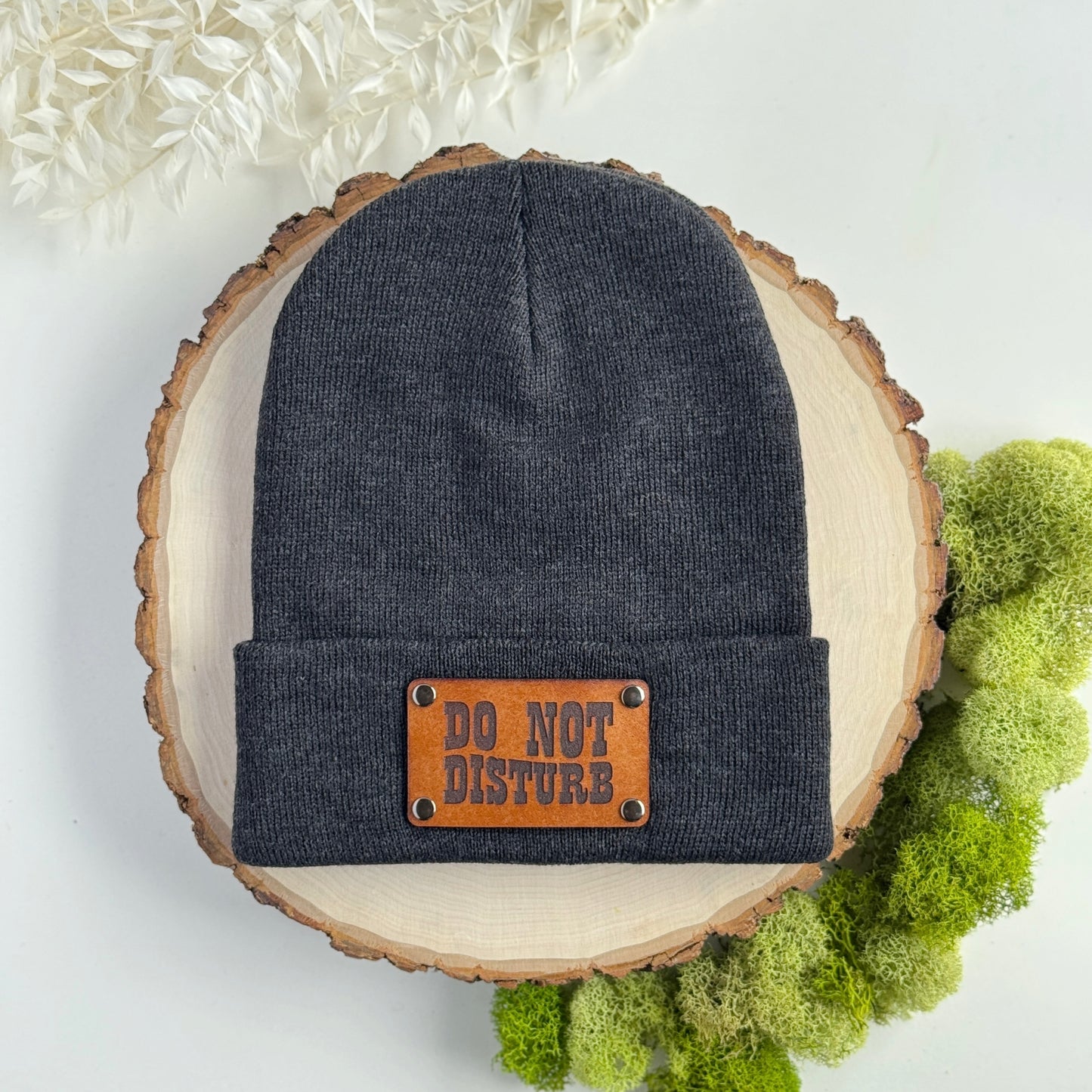 Do Not Disturb beanie with snap on/off leather patch