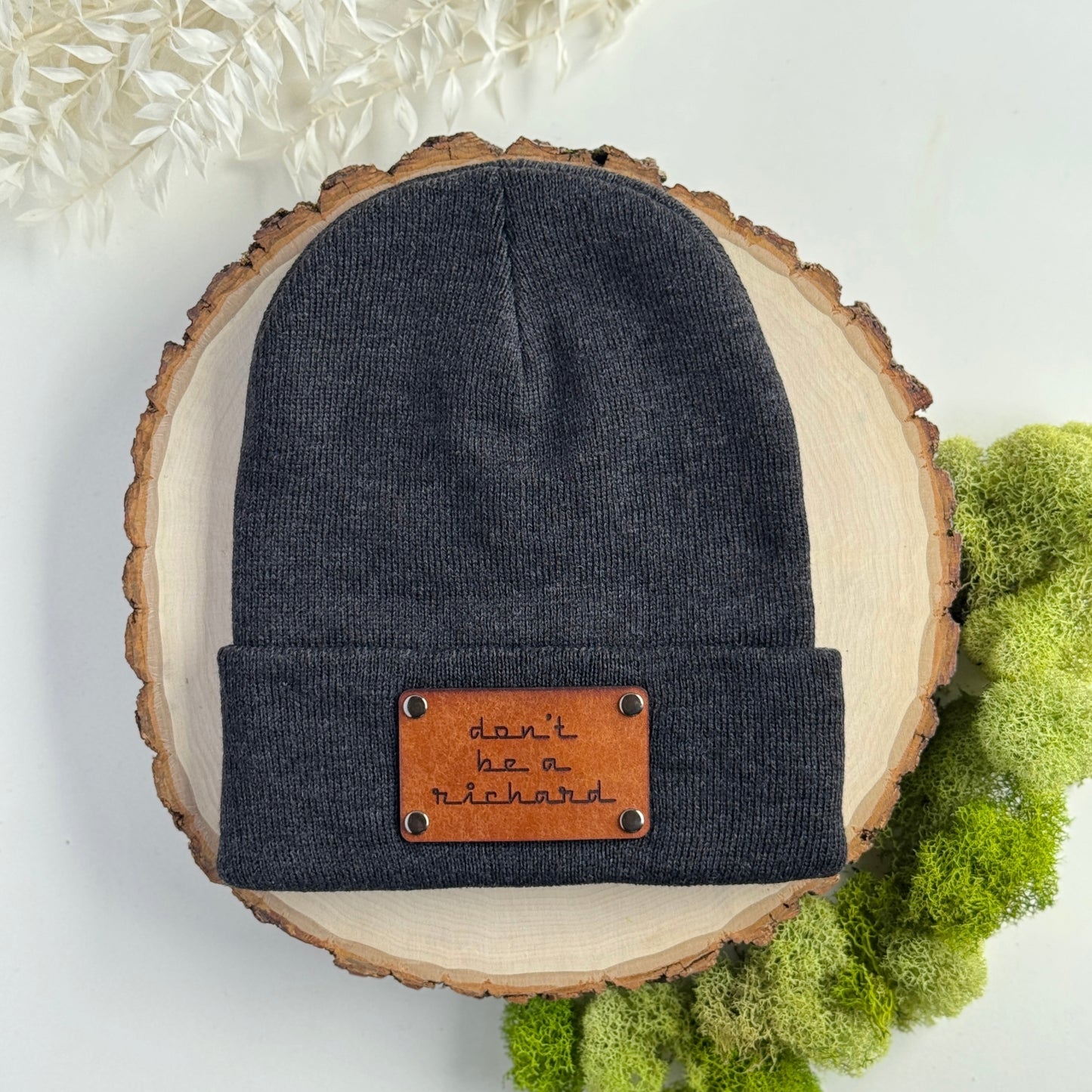 Don't Be A Richard beanie with snap on/off leather patch